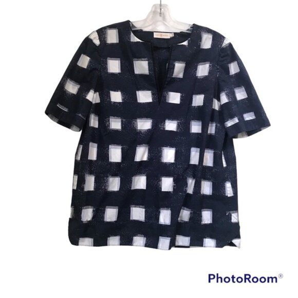 Tory Burch Antibes Poplin Cotton Top Tunic Check Shirt V Neck Slits Nautical 4 - Picture 2 of 16